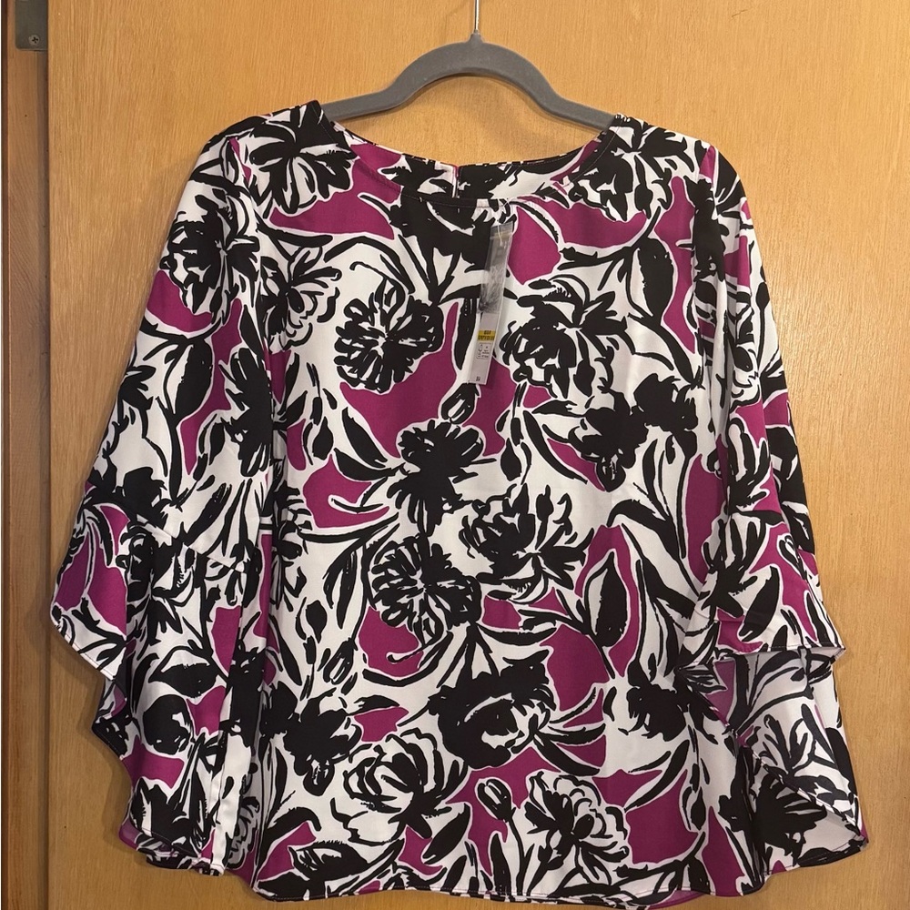Evan Picone Black and Purple Floral Blouse